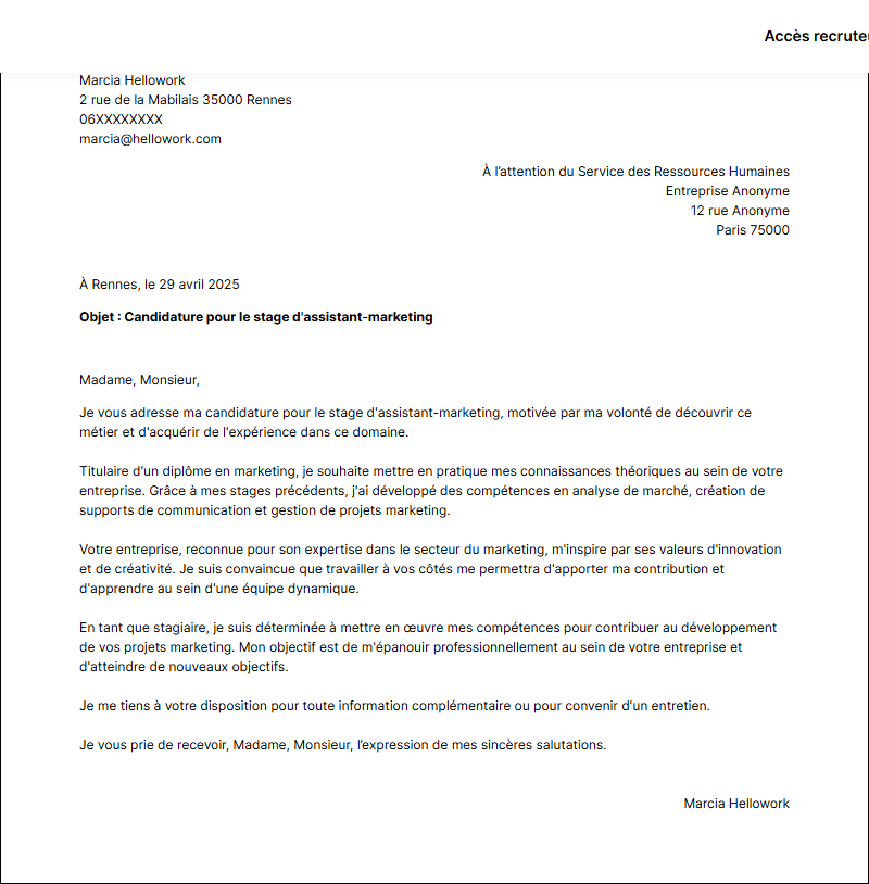 Modèle lettre de motivation pour un stage Assistant marketing Exemple lettre de motivation pour un stage Assistant marketing