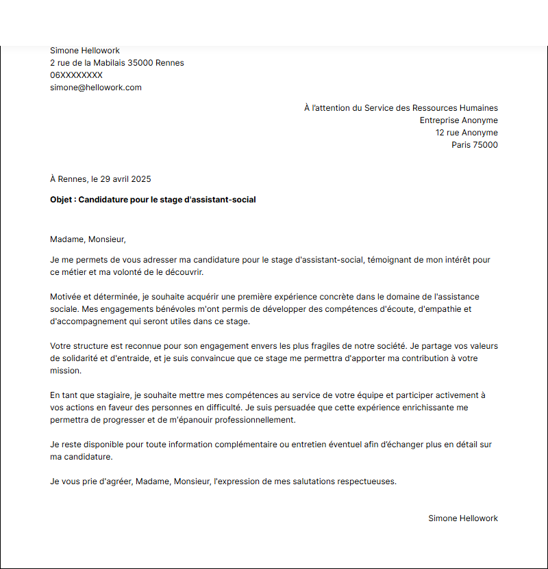 Modèle lettre de motivation pour un stage Assistant social Exemple lettre de motivation pour un stage Assistant social