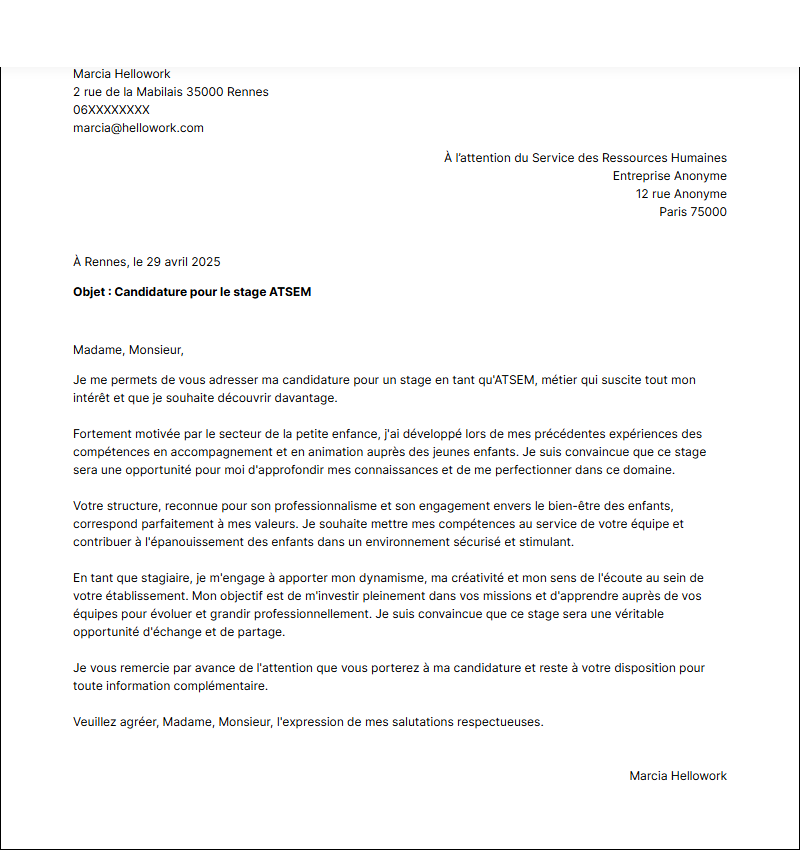 Exemple lettre de motivation pour un stage ATSEM
