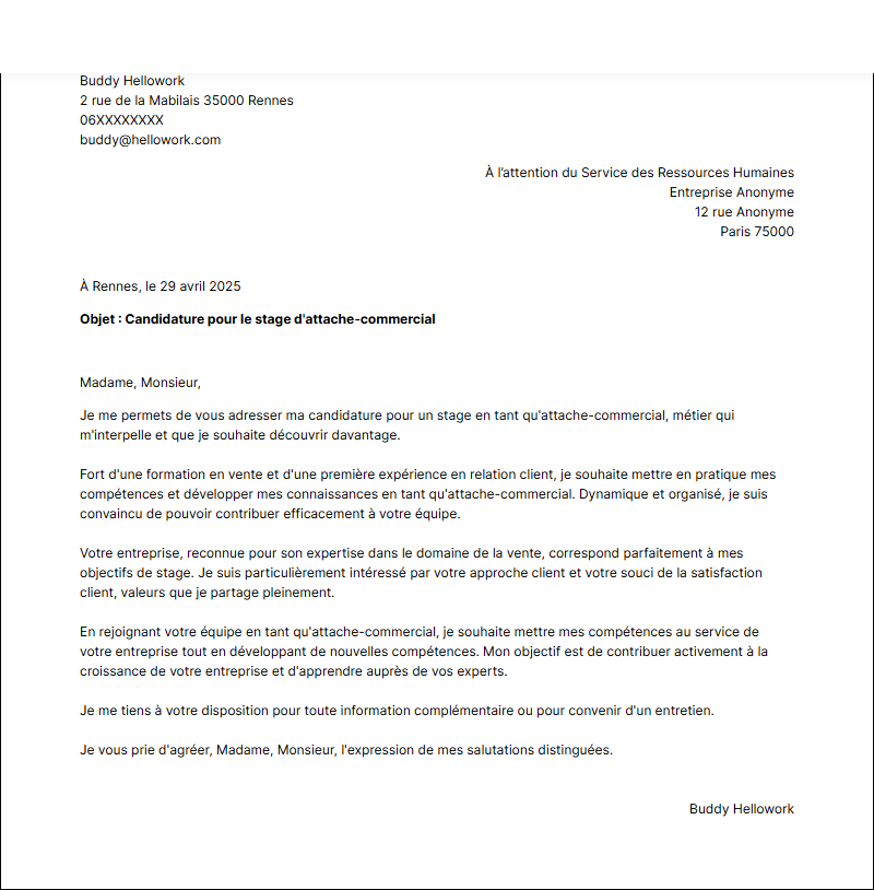 Exemple lettre de motivation pour un stage Attaché commercial
