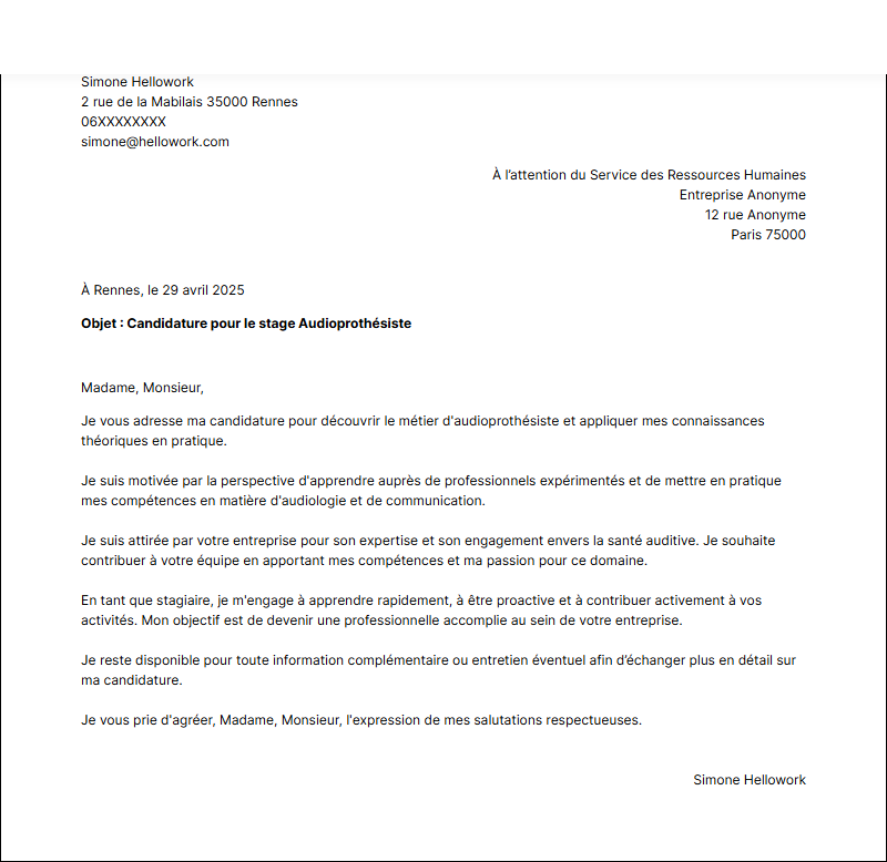 Modèle lettre de motivation pour un stage Audioprothésiste Exemple lettre de motivation pour un stage Audioprothésiste