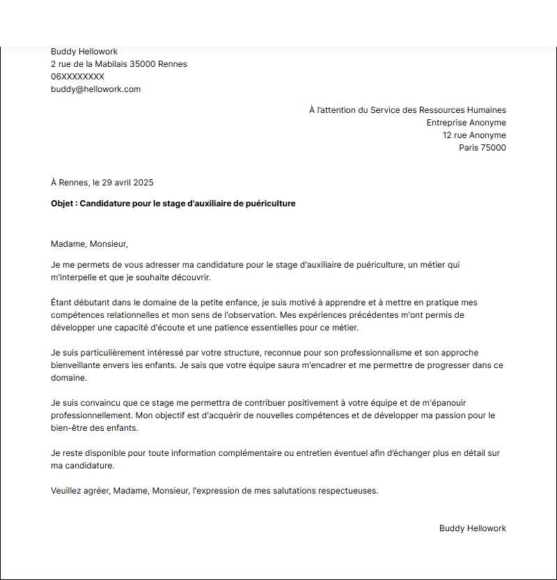 Modèle lettre de motivation pour un stage Auxiliaire de puériculture Exemple lettre de motivation pour un stage Auxiliaire de puériculture