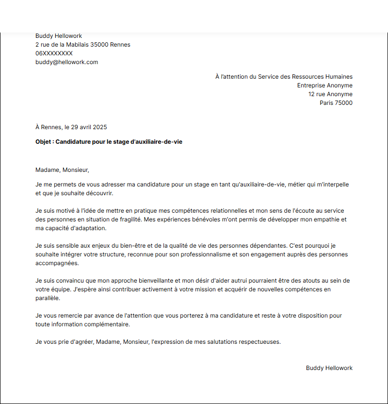 Exemple lettre de motivation pour un stage Auxiliaire de vie