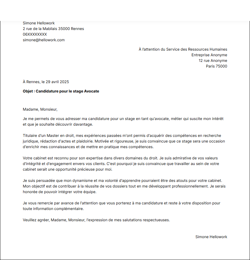 Exemple lettre de motivation pour un stage Avocat