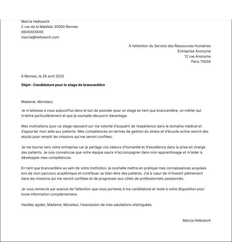 Exemple lettre de motivation pour un stage Brancardier