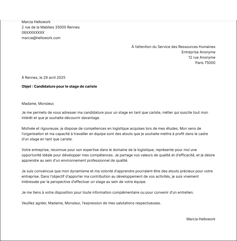 Modèle lettre de motivation pour un stage Cariste Exemple lettre de motivation pour un stage Cariste