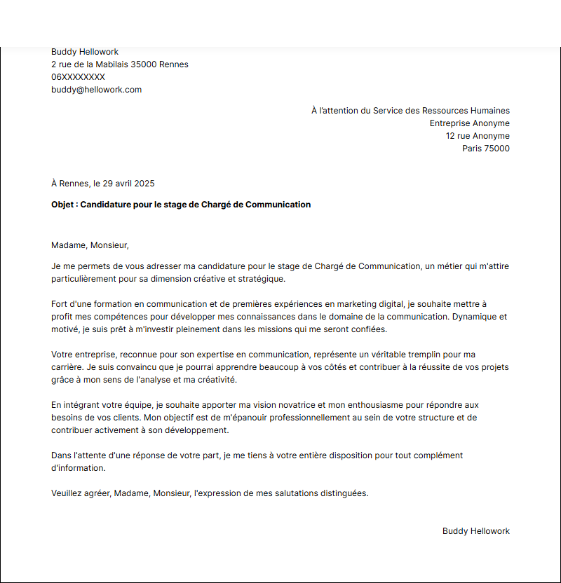 Modèle lettre de motivation pour un stage Chargé de communication Exemple lettre de motivation pour un stage Chargé de communication