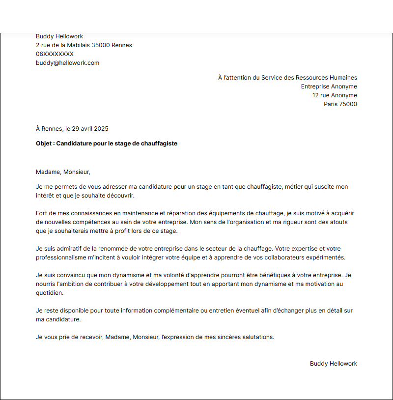 Modèle lettre de motivation pour un stage Chauffagiste Exemple lettre de motivation pour un stage Chauffagiste