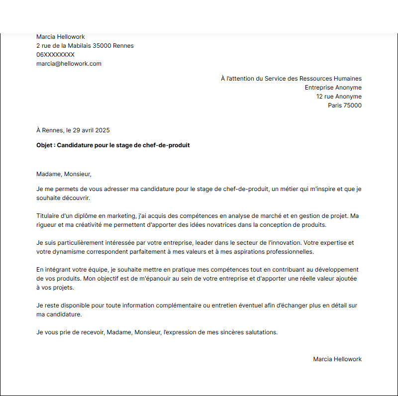 Modèle lettre de motivation pour un stage Chef de produit Exemple lettre de motivation pour un stage Chef de produit