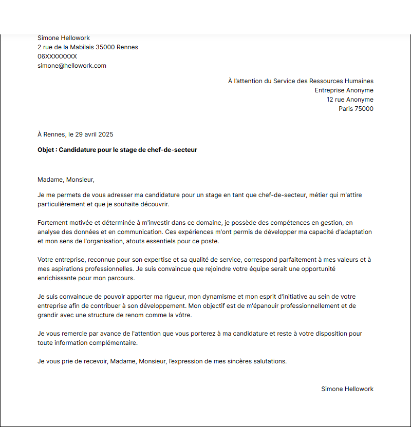 Modèle lettre de motivation pour un stage Chef de secteur Exemple lettre de motivation pour un stage Chef de secteur
