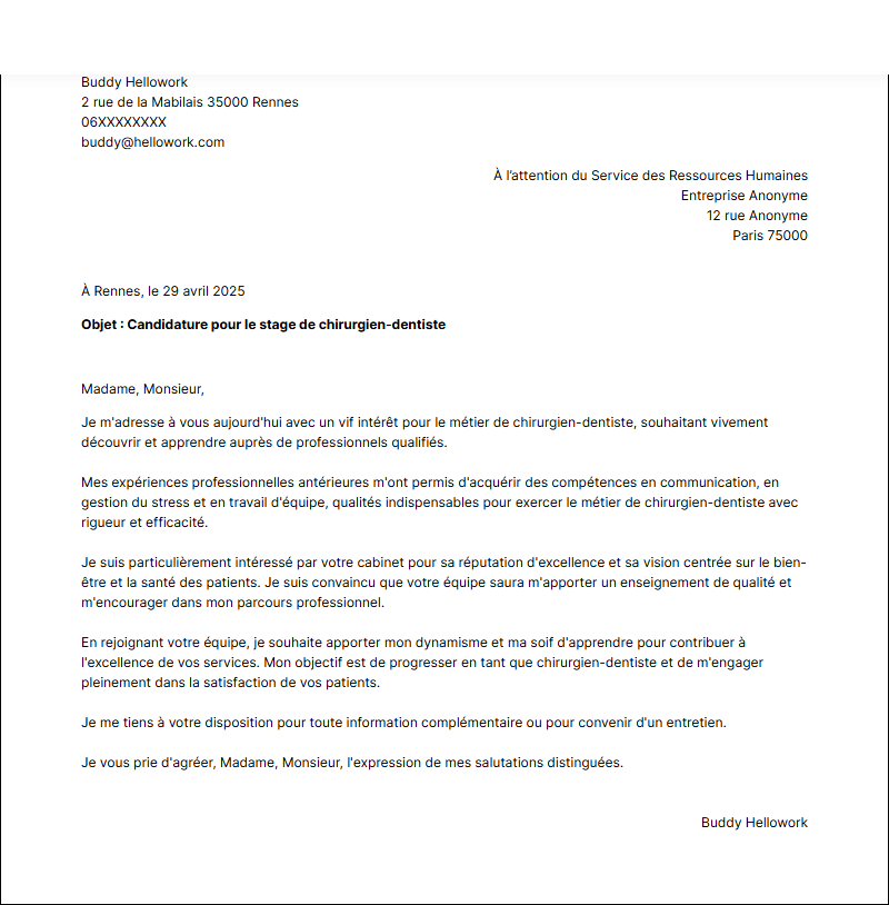Modèle lettre de motivation pour un stage Dentiste Exemple lettre de motivation pour un stage Dentiste