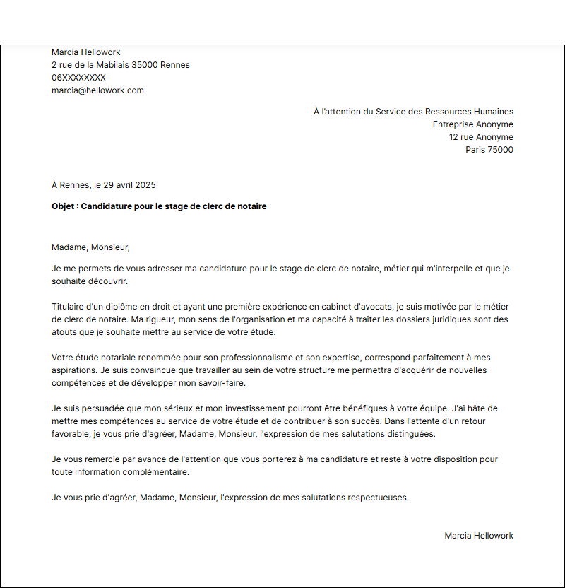 Modèle lettre de motivation pour un stage Clerc de notaire Exemple lettre de motivation pour un stage Clerc de notaire