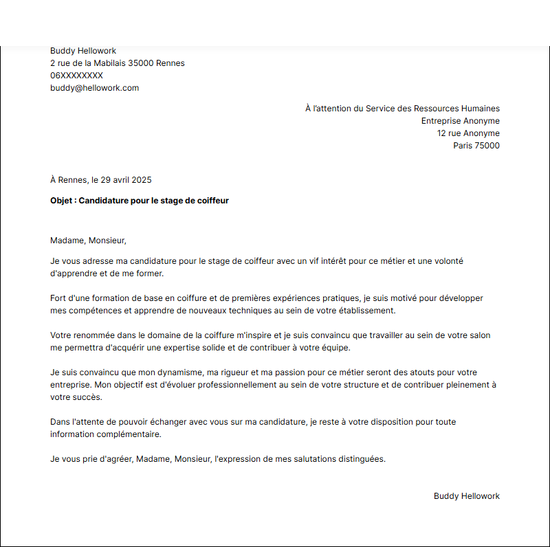 Modèle lettre de motivation pour un stage Coiffeuse Exemple lettre de motivation pour un stage Coiffeuse