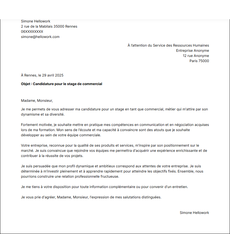 Exemple lettre de motivation pour un stage Commercial