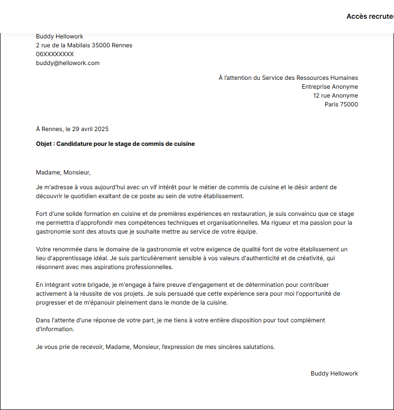 Modèle lettre de motivation pour un stage Commis de cuisine Exemple lettre de motivation pour un stage Commis de cuisine