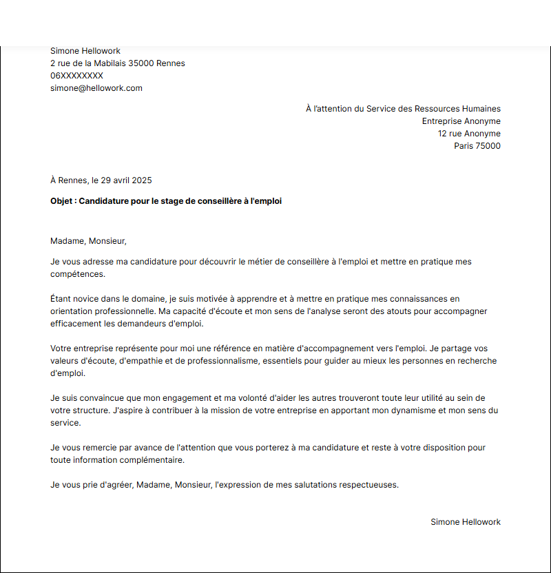 Modèle lettre de motivation pour un stage Conseiller en insertion professionnelle Exemple lettre de motivation pour un stage Conseiller en insertion professionnelle