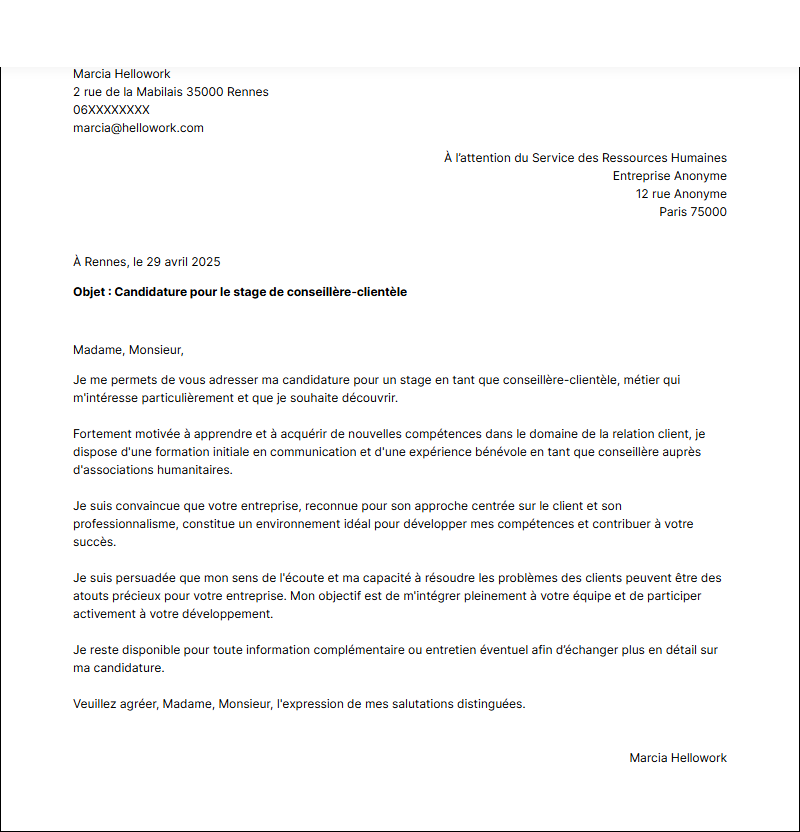 Modèle lettre de motivation pour un stage Conseiller clientèle Exemple lettre de motivation pour un stage Conseiller clientèle