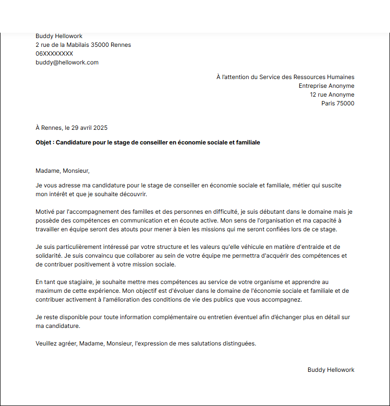 Modèle lettre de motivation pour un stage Conseillère en économie sociale et familiale Exemple lettre de motivation pour un stage Conseillère en économie sociale et familiale