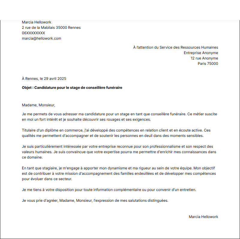 Exemple lettre de motivation pour un stage Conseiller funéraire