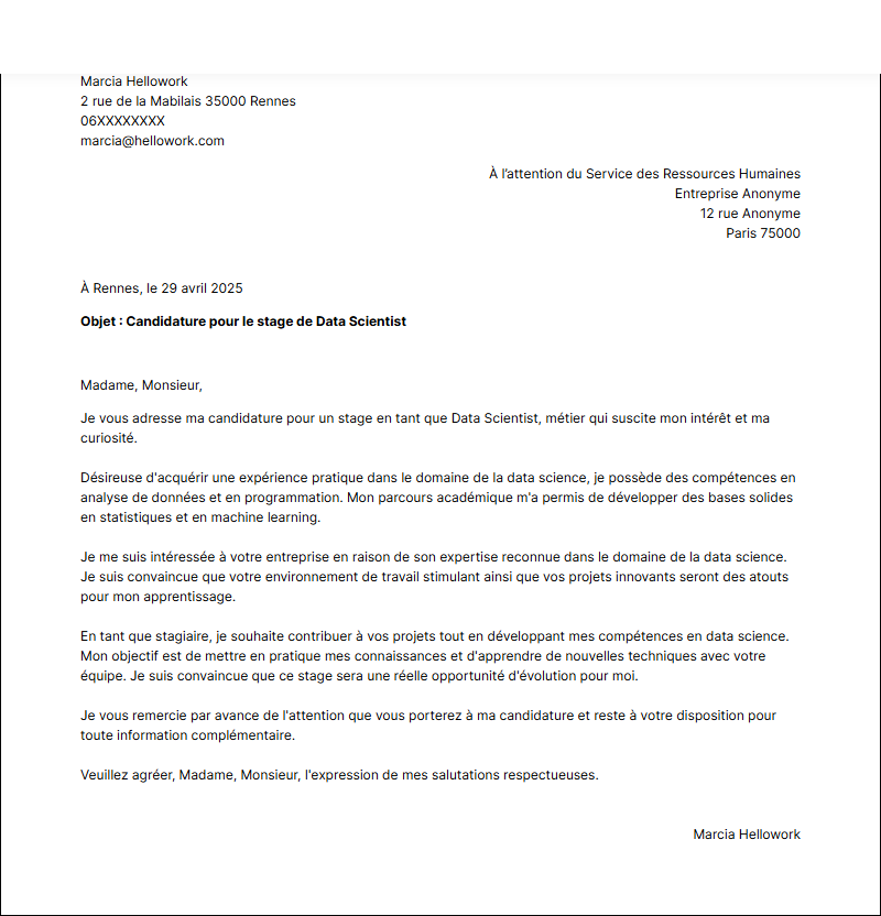 Modèle lettre de motivation pour un stage Data scientist Exemple lettre de motivation pour un stage Data scientist