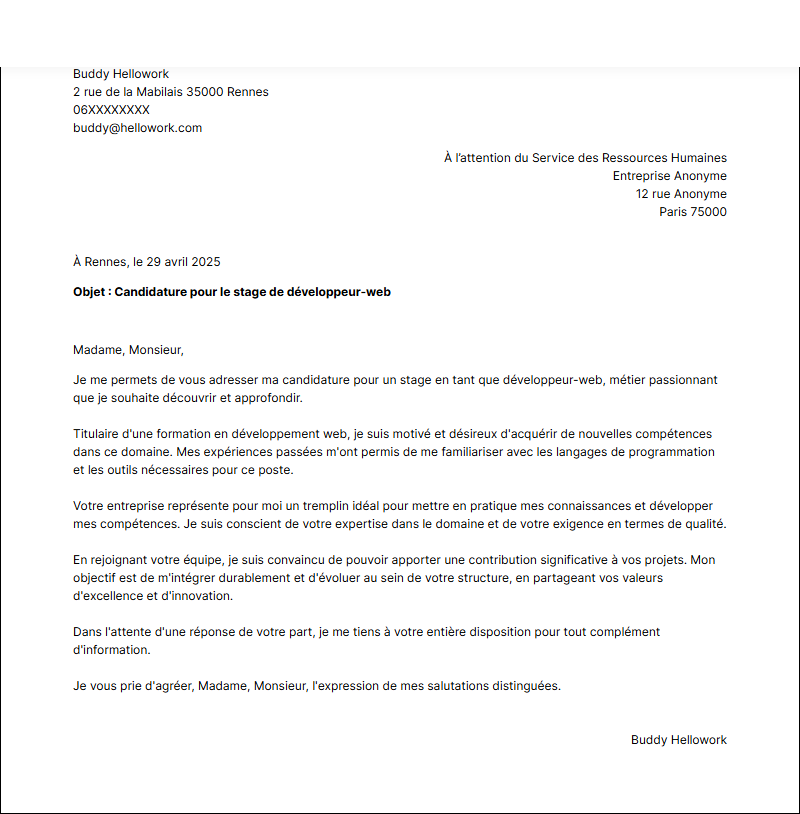 Modèle lettre de motivation pour un stage Développeur web Exemple lettre de motivation pour un stage Développeur web