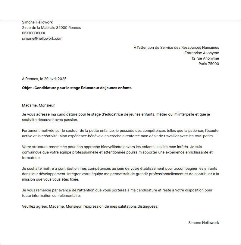 Modèle lettre de motivation pour un stage EJE Exemple lettre de motivation pour un stage EJE