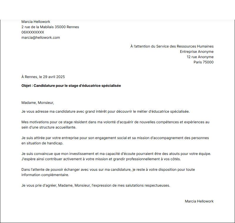 Modèle lettre de motivation pour un stage Educateur spécialisé Exemple lettre de motivation pour un stage Educateur spécialisé