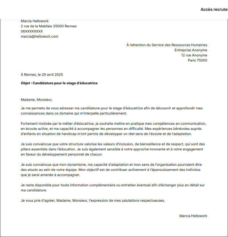 Modèle lettre de motivation pour un stage Educateur Exemple lettre de motivation pour un stage Educateur
