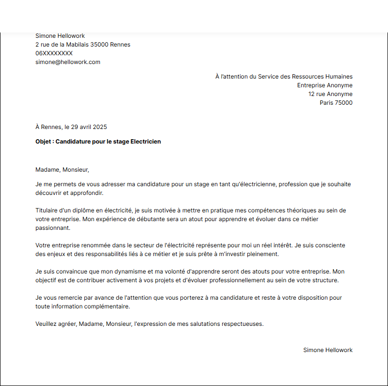 Modèle lettre de motivation pour un stage Electricien Exemple lettre de motivation pour un stage Electricien