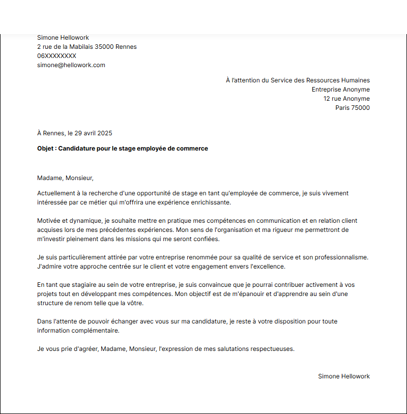 Modèle lettre de motivation pour un stage Employé de commerce Exemple lettre de motivation pour un stage Employé de commerce
