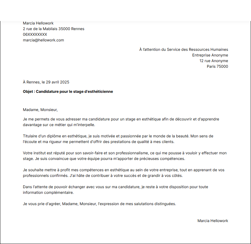 Modèle lettre de motivation pour un stage Esthéticienne Exemple lettre de motivation pour un stage Esthéticienne
