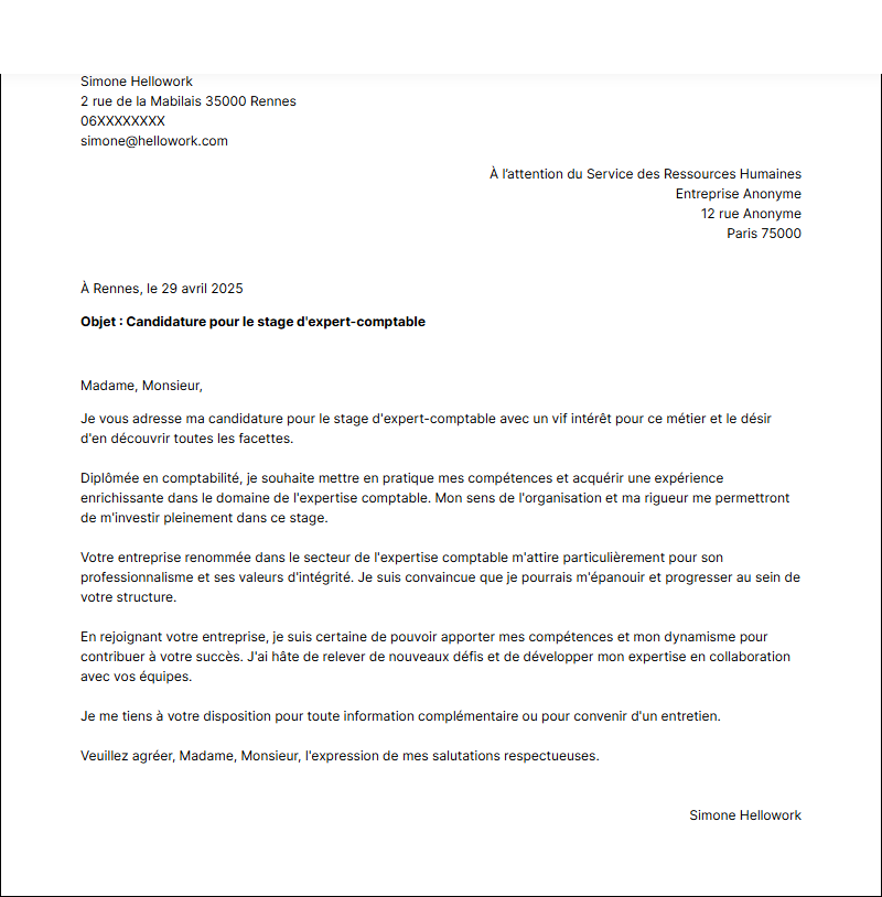 Modèle lettre de motivation pour un stage Expert comptable Exemple lettre de motivation pour un stage Expert comptable