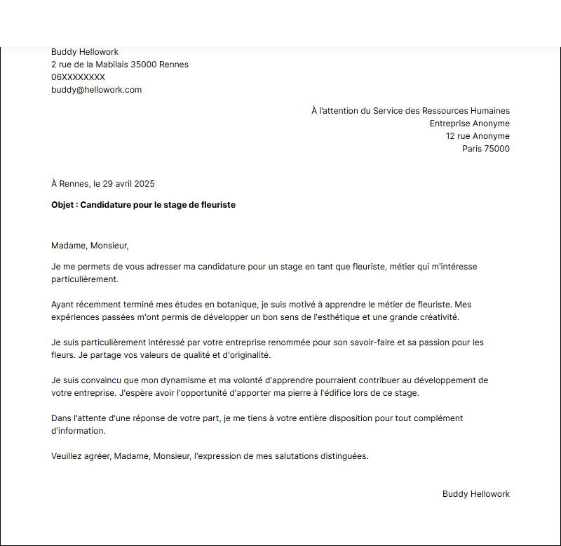 Modèle lettre de motivation pour un stage Fleuriste Exemple lettre de motivation pour un stage Fleuriste