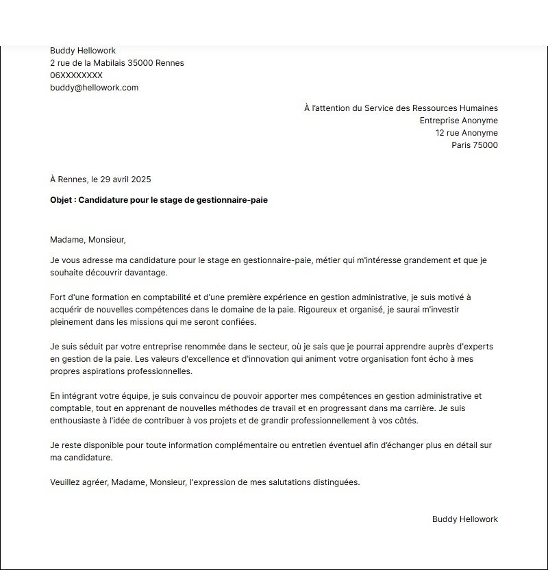 Exemple lettre de motivation pour un stage Gestionnaire de paie