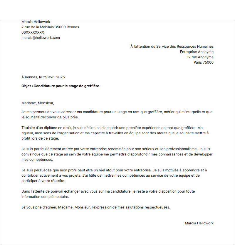 Modèle lettre de motivation pour un stage Greffier Exemple lettre de motivation pour un stage Greffier