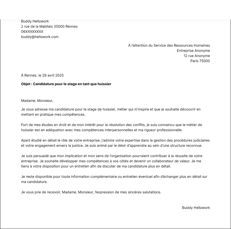 Modèle lettre de motivation pour un stage Huissier de justice Exemple lettre de motivation pour un stage Huissier de justice
