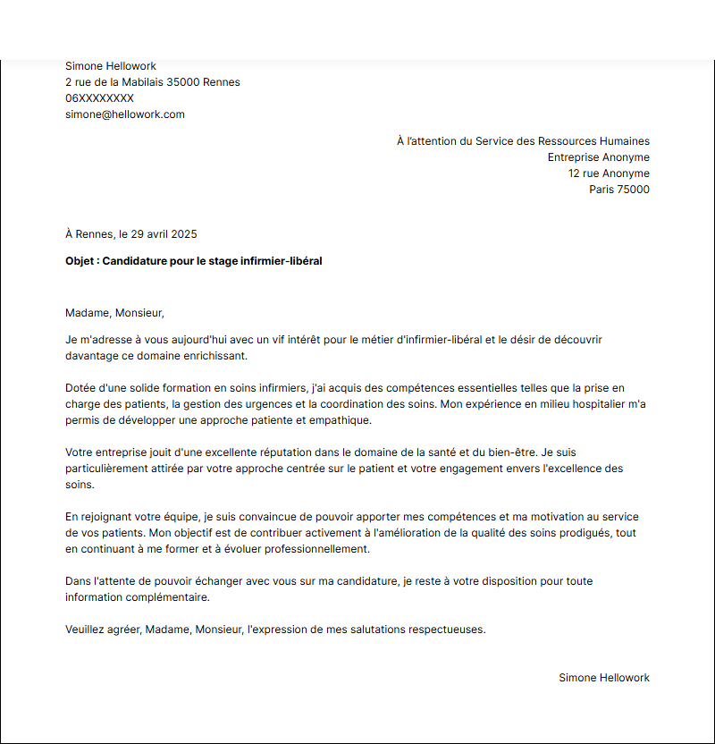 Modèle lettre de motivation pour un stage Infirmier libéral Exemple lettre de motivation pour un stage Infirmier libéral