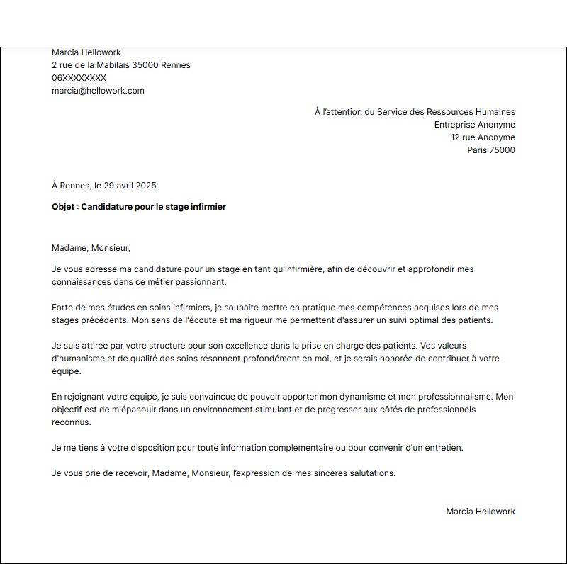 Modèle lettre de motivation pour un stage Infirmier Exemple lettre de motivation pour un stage Infirmier