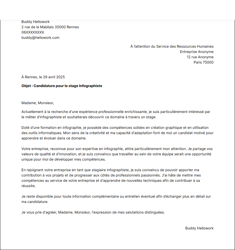 Modèle lettre de motivation pour un stage Infographiste Exemple lettre de motivation pour un stage Infographiste