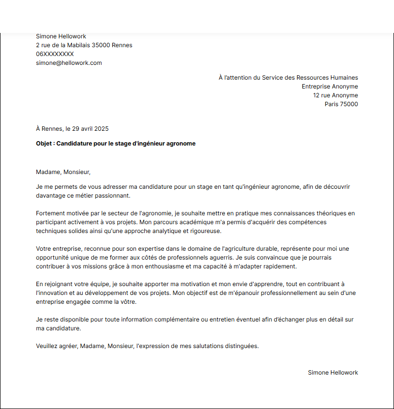 Modèle lettre de motivation pour un stage Ingénieur agronome Exemple lettre de motivation pour un stage Ingénieur agronome