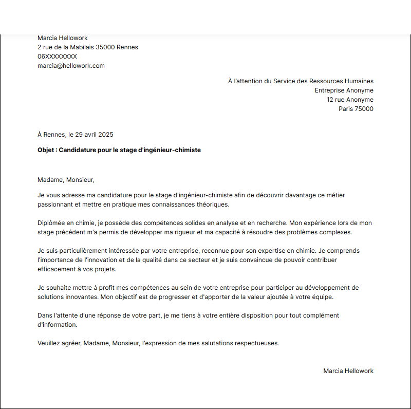 Exemple lettre de motivation pour un stage Ingénieur chimiste