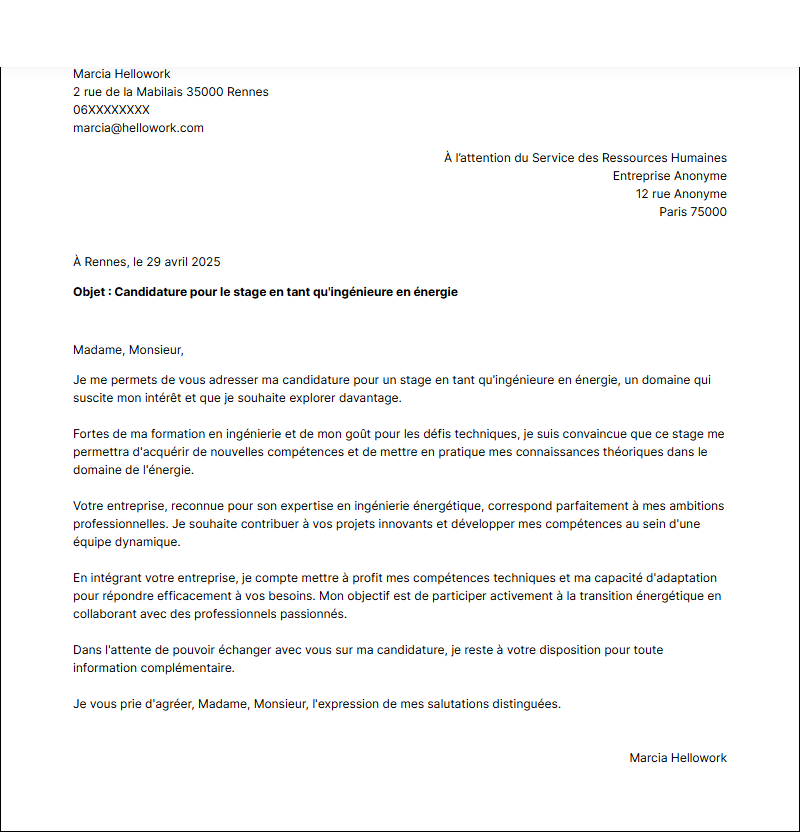 Modèle lettre de motivation pour un stage Ingénieur énergie Exemple lettre de motivation pour un stage Ingénieur énergie