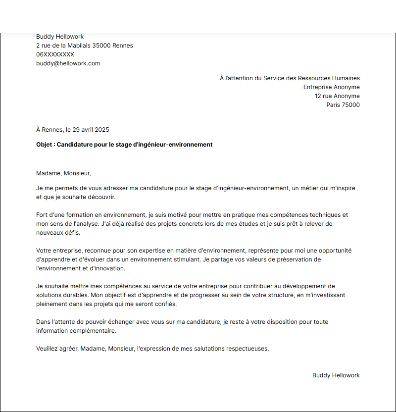 Exemple lettre de motivation pour un stage Ingénieur environnement
