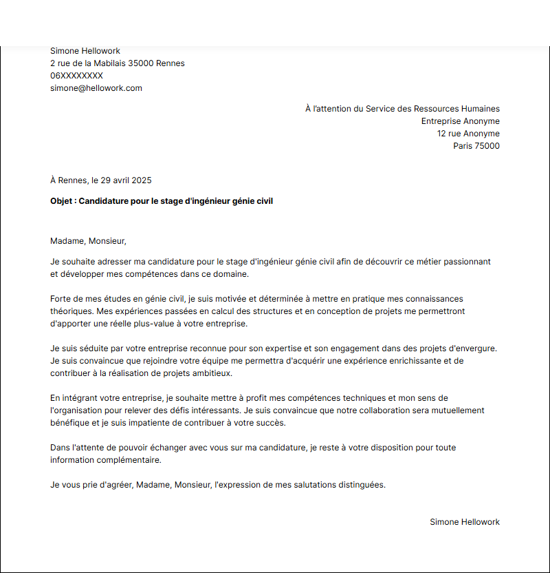 Modèle lettre de motivation pour un stage Ingénieur génie civil Exemple lettre de motivation pour un stage Ingénieur génie civil