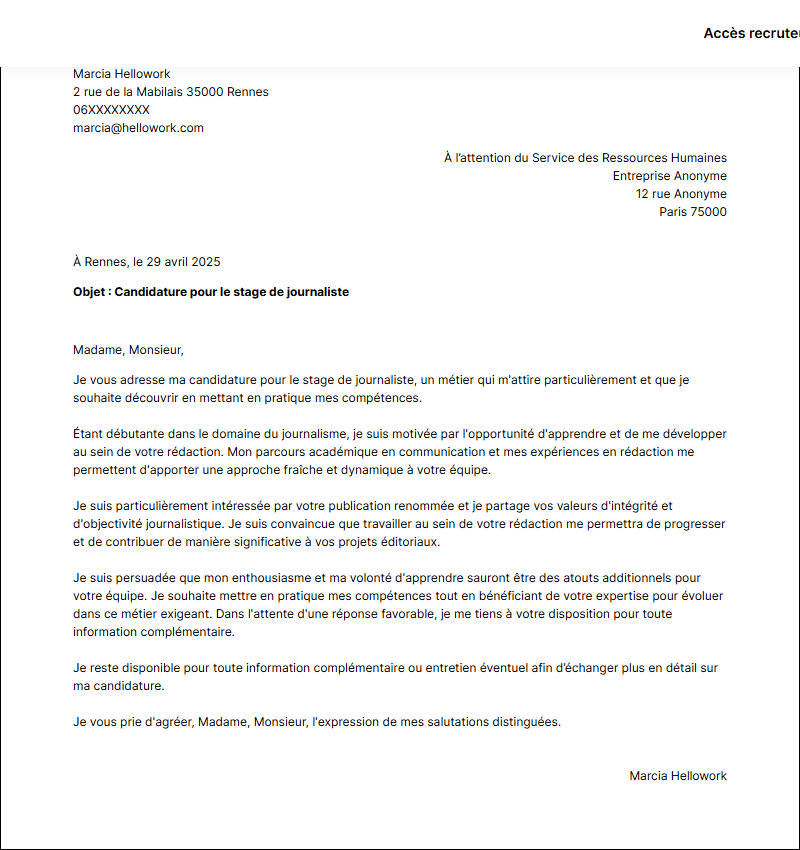 Modèle lettre de motivation pour un stage Journaliste Exemple lettre de motivation pour un stage Journaliste