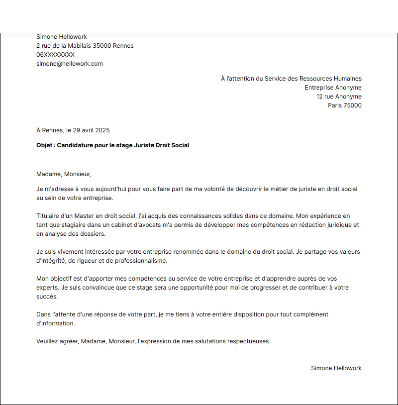Modèle lettre de motivation pour un stage Juriste droit social Exemple lettre de motivation pour un stage Juriste droit social