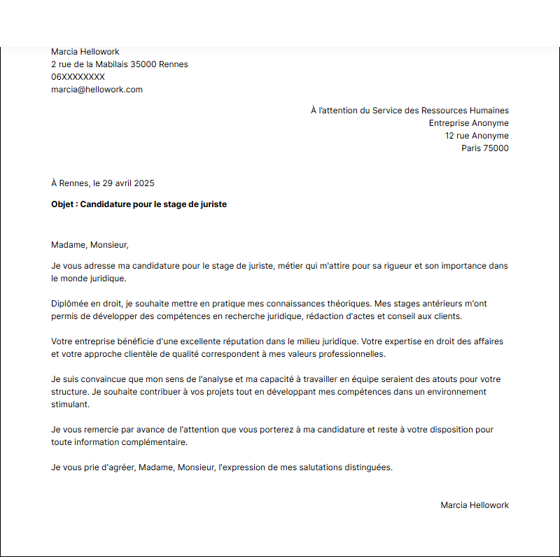 Exemple lettre de motivation pour un stage Juriste