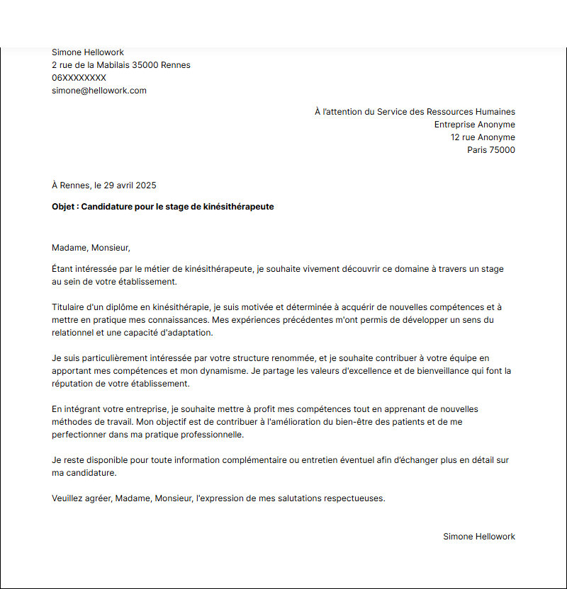 Exemple lettre de motivation pour un stage Kinésithérapeute