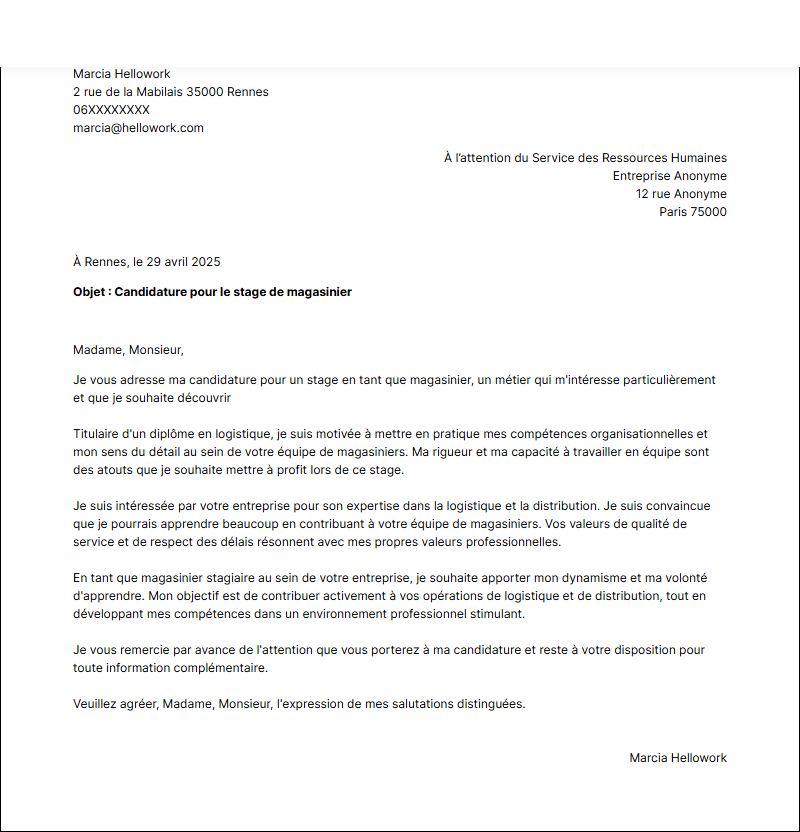 Exemple lettre de motivation pour un stage Magasinier