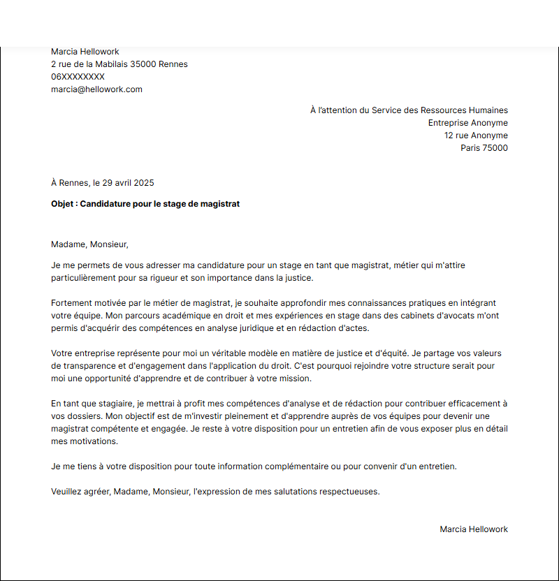Modèle lettre de motivation pour un stage Magistrat Exemple lettre de motivation pour un stage Magistrat
